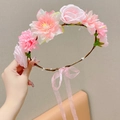 Princess style pink floral butterfly headband with silk ribbon for girls' hair accessories - Flower Garland / Pink