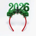 Red Christmas headband with sparkly green 2026 numbers and festive tinsel fringe - 2026 New Year Headband-Green