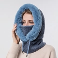 Blue knitted winter balaclava hood with faux fur trim and adjustable drawstrings - Navy Blue