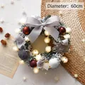 60cm lighted Christmas wreath with pine needles, red ornaments and grey bow decoration - 60CM Flocked Grey Wreath With LED