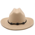 Beige wool felt western cowboy hat with black decorative band and engraved silver buckles - M (56-58cm) / Beige