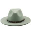 Mint green fedora hat featuring woven band with turquoise stones and gold metal accents - Mint Green