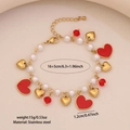 Bracciale cuore in acciaio inossidabile dorato con perle bianche e perle sfaccettate rosse - Stile Cuore