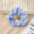 Blue plaid scrunchie with white daisy embroidery for high ponytail hairstyles - Blue Grid Daisy