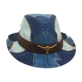 Kids vintage blue patchwork denim fedora with brown leather belt and golden bull buckle - Kids Size / Royal Blue