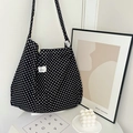 Retro black canvas tote bag with white polka dots featuring large capacity and shoulder strap - Black Polka Dot
