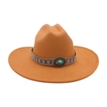 Camel wide brim western wool felt hat with ethnic ribbon and turquoise stone accent - Large Brim Oval Blue Stone / Camel