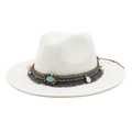 Witte geweven strooien cowboyhoed met etnische kralen, franjes en vintage munt hanger - M (56-58cm) / Wit