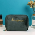 Dark green velvet makeup bag with gold Beautyforyou embroidery and metal zipper - Dark Green
