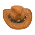 Chapeau de cowboy en paille marron avec bande bohème, perle turquoise et pompons plume - Kaki 2 (Style Ethnique)
