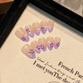 Violet French almond press-on nails with hand-painted floral art and purple glitter tips - Small (S) / Purple French Flower (2144-Short Almond)