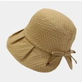 Khaki bow sun bucket hat for women with textured fabric and wide wavy brim for sun protection - M (56-58cm) / Khaki