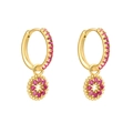 Close-up of gold hoop earrings with pink zircon flower charms on a white background - Round Hollow Sunflower Pendant / Gold/Rose Red