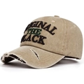 Close-up of distressed khaki denim cap with 3D embroidery and frayed edge details - Adjustable / Khaki