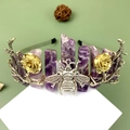 Natural amethyst crystal crown headband with silver bee and gold rose flower details - Amethyst