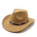 Detail of camel wool felt cowboy hat with braided leather band and M-stitch pattern - M (56-58cm) / Camel