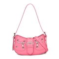 Pink vintage motorcycle style baguette shoulder bag with silver studs and zippers - Rose Red
