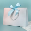 Pink and blue gradient gift paper bag with blue ribbon bow and white rope handle - Gradient Color (sky Blue Ribbon); Horizontal Extra Small Size 19*15*7 Ribbon Style
