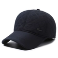 Winter quilted baseball cap for men featuring warm ear flaps and metal side logo - Navy Blue with Letter Logo