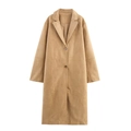 Women's long camel faux suede trench coat with notched lapels and button closure - S / Camel