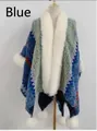 Ethnic blue knit shawl cloak with faux fur collar and pom-poms for women - Dark Blue