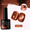 Macro detail of red cat eye nail gel showing sparkling magnetic ruby textures and shine - Crimson Cat Eye MY11