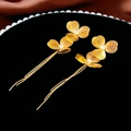 Macro view of gold vintage flower tassel earrings with clear zircon center and brushed texture - 2# Silver Pin Golden Brushed Three-petal Flower