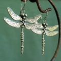 Vintage silver dragonfly earrings with embossed wings and bohemian tassel style - Style S631-Vintage Forest Style Dragonfly