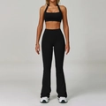 Women's backless yoga set featuring a black halter neck top and high-waist flared pants - S / Bra Style 1 + Flare Pants / Premium Black