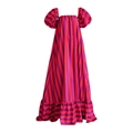 Orange vertical striped puff sleeve maxi beach dress with square neck and ruffle hem - L / Orange Stripes