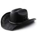 Detail of woven straw cowboy hat featuring brass eyelets and geometric patterned band - M(56-58cm) / Black (With Eyelets)