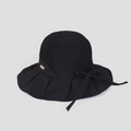 Detail of black knit sun hat with elegant bow and wide brim showing fine texture - M(56-58cm) / Black