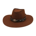 Brown felt Western cowboy hat with lion head metallic emblem and Greek key trim on a white background - Coffee (Lion Head Metal Buckle)