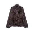 Braune Langarm-Polka-Dot-Bluse für Damen mit elegantem Schleifen-Detail am Ausschnitt - XS / Kaffeefarbene Punkte
