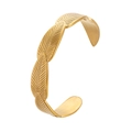 Elegant gold-plated open bangle featuring overlapping bohemian feather leaf patterns - Y633-1 Gold Feather Overlap