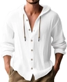 Détail de la chemise à capuche en lin blanc avec patte de boutonnage et cordon de serrage - S / Manches Longues Blanc