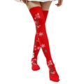 Red Christmas over-the-knee stockings with snowmen, snowflakes, and Merry Christmas text - Merry Christmas Festive Red Socks