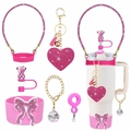 Pink diamond Stanley cup accessories set with heart keychain and bow boot sleeve - Pink Diamond Tassel Full Set