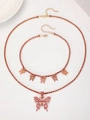 Pink rhinestone butterfly necklace and bracelet set in elegant rose gold finish - Rose Gold 2-Piece Jewelry Set (Necklace + Bracelet)