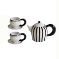 Retro ceramic tea set featuring black and white stripes with two cups and saucers - 1 Teapot + 2 Cups / Black & White Stripes