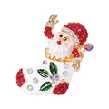 Christmas brooch featuring Santa Claus in a sock with red crystals and white enamel - Colorful Christmas Stocking