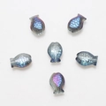 Detailed view of six iridescent blue-purple fish-shaped crystal glass beads for DIY jewelry - Semi-transparent Purple