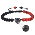 Macro detail of heart charm projection showing 100 languages I Love You on woven bracelet - Red Turquoise + Matte Stone Bracelet
