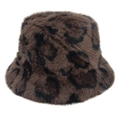 Detail of plush faux fur leopard print bucket hat with soft texture and warm winter design - Dark Coffee
