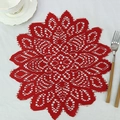 Red round lace placemat with intricate knit floral patterns and scallop edges - Multi-Hollow Flower Pattern (Pattern 2) / Round 30cm