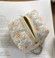 Floral quilted cotton tech pouch in beige with blue leaves and pink flowers with metal ring - Orange Flower