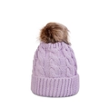 Close-up of lavender cable knit beanie featuring a large fluffy brown faux fur pom-pom detail - M (56-58cm) / Light Purple