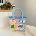 Pink and blue plaid woven picnic tote bag with sunflower and Good Luck tag detail - Sunflower Bow Decoration / Pink and Blue Grid