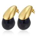 Detail of gold-tone teardrop stud earrings with black resin droplets on white background - Mirror Teardrop Style (MS-840) / No.1 Teardrop Black