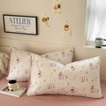 Pair of minimalist cotton pillowcases with cute cartoon bears and pink lace trim - Cute Westie